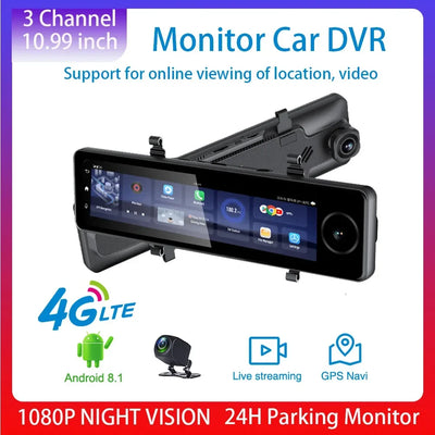 4G Video Recorder 3-CH Car DVR ADAS Android 8.1 Rear View Mirror 1080P Special Bracket Auto 11" 2G+32GB Dash Cam Camera For Taxi - ActiveLifeTech