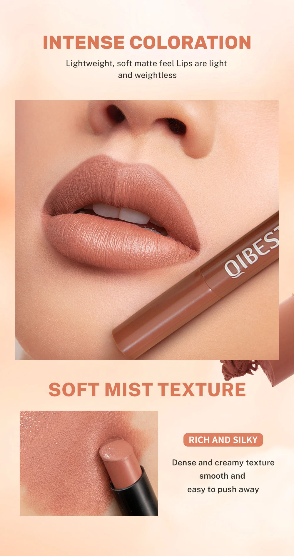 QIBEST Matte Lippenstift Lip Tint Langlebig Samt Lipliner Bleistift Nicht Verblassen Antihaft-Cup Make-Up Lippenstift Lippenbalsam Kosmetik