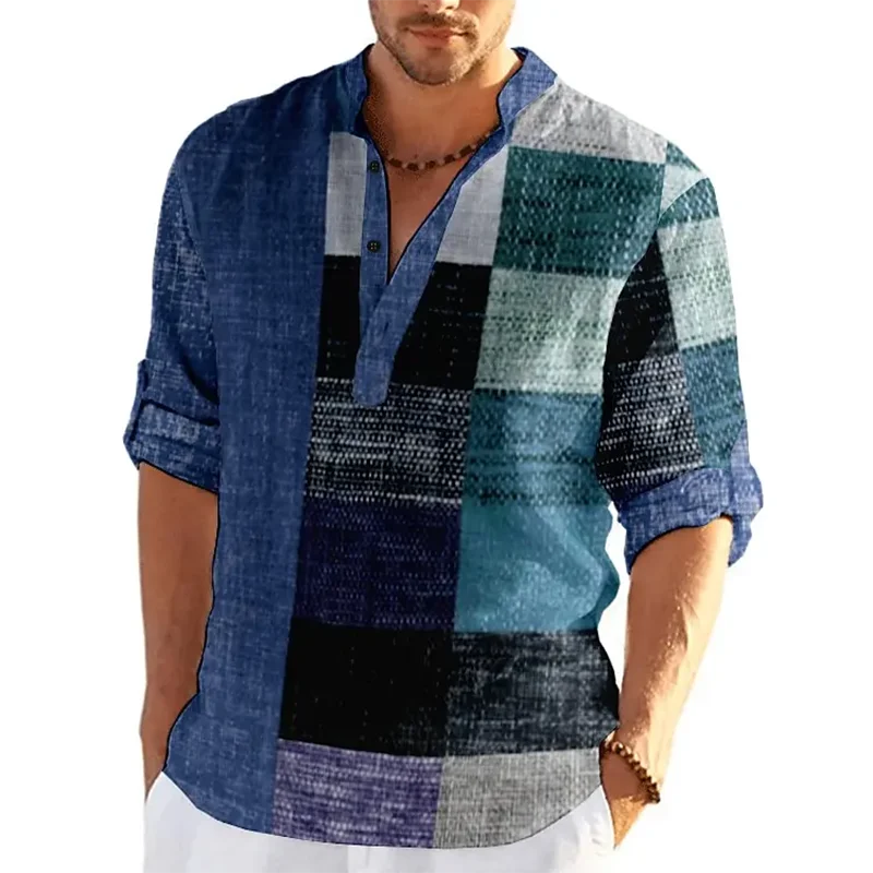 Striped Color Block 3D Print Henley Shirts